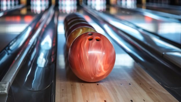 A bowling ball is in the middle of a row of pins