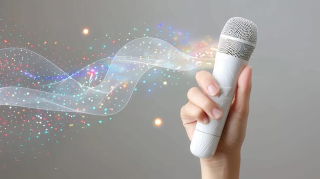 A hand holding a microphone with colorful light coming from it