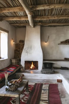 A living room with a fireplace and wood flooring