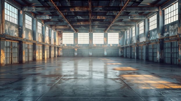 A large empty room with a lot of windows and some graffiti