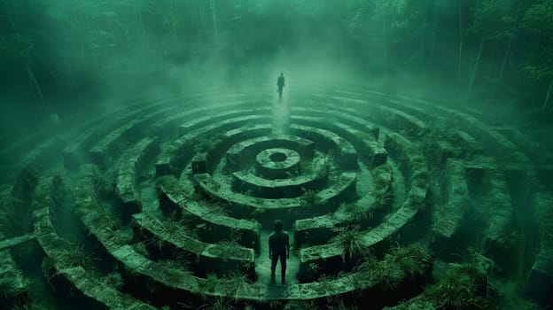A person standing in the middle of a maze surrounded by trees