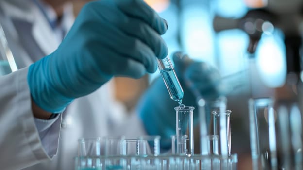 A person in lab coat holding a test tube with liquid