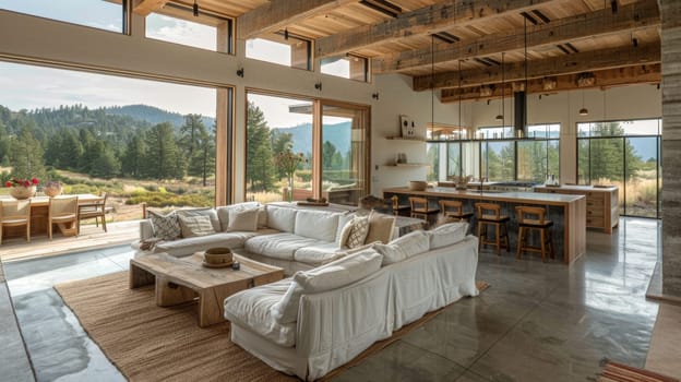 A living room with a large couch and table in it