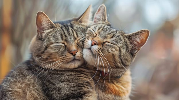 Two cats are cuddling together with their heads touching
