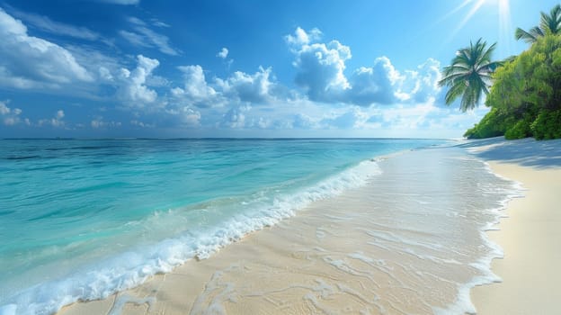 A beach with a white sand and blue water