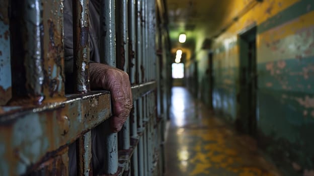 A man's hand is sticking out of a jail cell door
