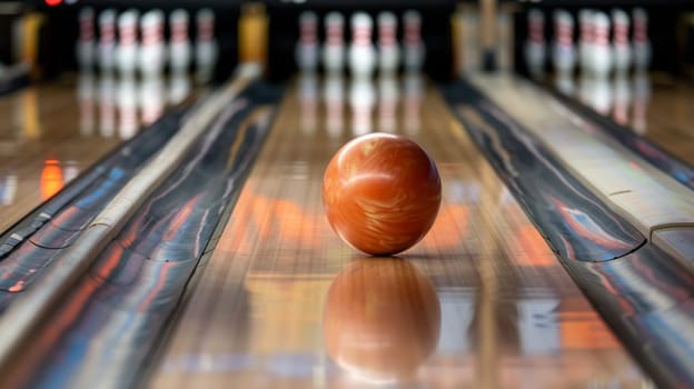 A bowling ball is sitting in the middle of a row