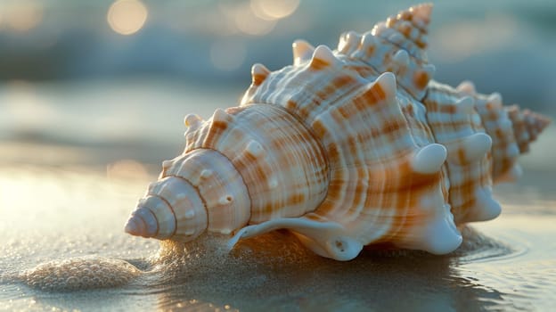 A close up of a sea shell on the beach with waves