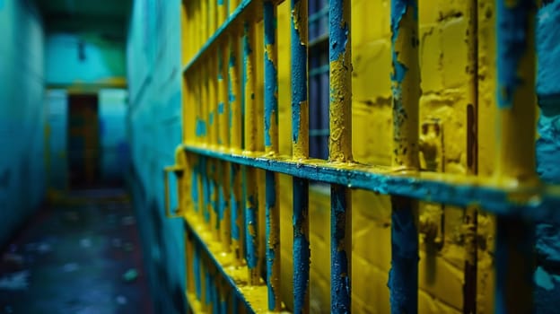 A yellow and blue jail cell with bars on the window