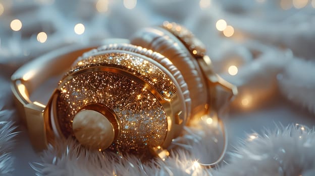 A pair of gold headphones, resembling jewellery, rests on a white blanket. The metal circles are captured in macro photography, making them a fashionable accessory
