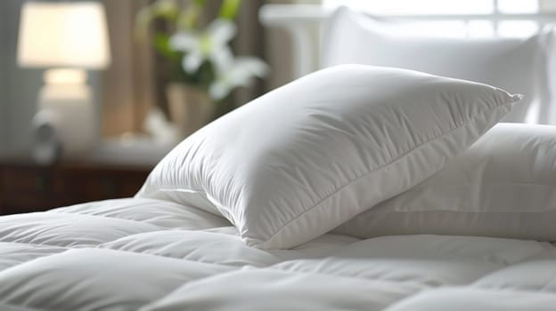A bed with a white comforter and pillows on top of it