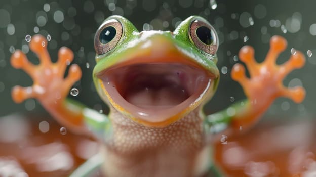 A close up of a frog with its mouth open and water droplets falling