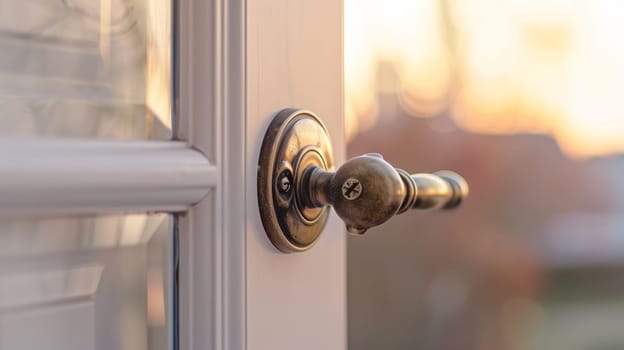 A close up of a door handle on an open white door