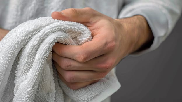 A man holding a towel in his hands while standing