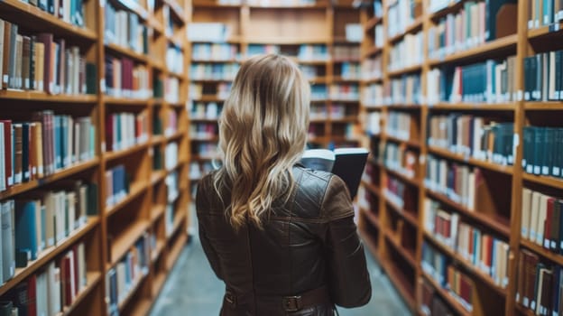 A woman in a leather jacket is looking at books on the shelves