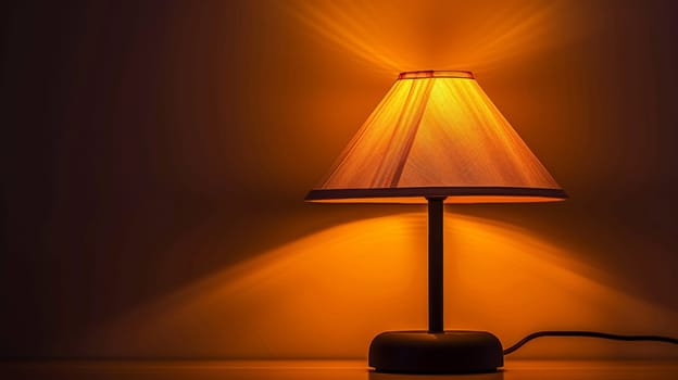A lamp with a yellow shade on it sitting in the dark