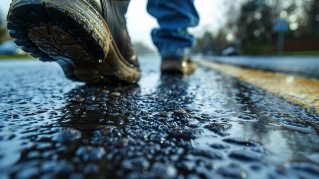 A person walking on a wet road with rain drops and puddles