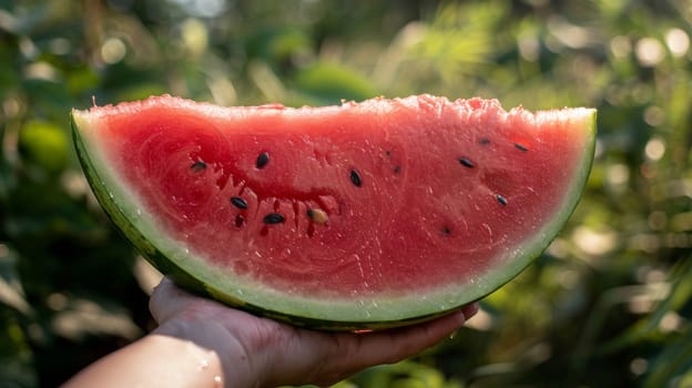 A person holding a slice of watermelon in their hand