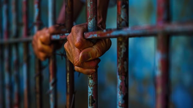 A hand reaching through a barred window to touch the bars