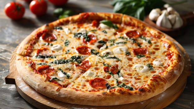 A pizza with pepperoni, cheese and tomatoes on a wooden board