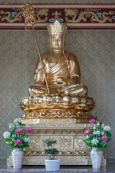 Bangkok, Thailand - Apr 11, 2024 - Statue of Jizo Rohan Buddhist Monk Buddha God or Yulai Buddha God Statue (Yulai Pali Gautama God) at Fo Guang Shan Thaihua Temple, Copy space, Selective focus.