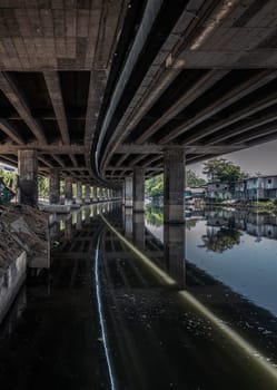 Bangkok, Thailand - Apr 20, 2024 - Perspective view of concrete pillars under Khlong Toei Expressway with calm surface water reflection and houses are old along the Khlong Phra Khanong. Space for text, Selective focus.