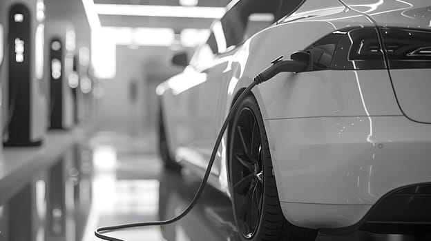 A monochrome image of a white electric car getting charged at a station. The vehicles sleek design, alloy wheels, and automotive lighting make it stand out