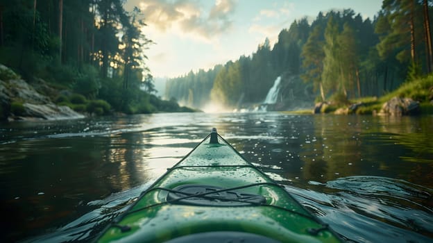 A green kayak peacefully glides along the water of a river, surrounded by lush trees under a clear blue sky. The natural landscape is filled with light and tranquility