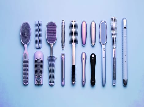 women's beauty devices on blue background, hairdresser's tools, brushes and rosettes. Concept for hair stylist, barbershop and hairdressing. combs and hairdresser tools top view. Set of accessories