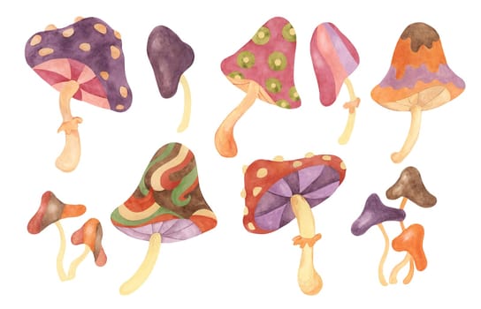Hippie psychedelic magic mushroom in 70s style. Vintage groovy fungi nostalgic clipart. Watercolor fairytale fly agaric funky illustration for printing, trippy stickers, flyers, indie t-shirts, labels