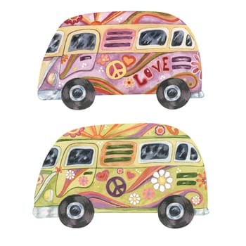 Hippie vintage camper van with flowers. Groovy green and purple retro cars for flower power road trip. Watercolor drawing, cartoon style for printing, travel with peace sign, daisies, sun and waves