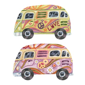 Hippie vintage camper van with flowers. Groovy green and purple retro cars for flower power road trip. Watercolor drawing, cartoon style for printing, travel with peace sign, daisies, sun and waves