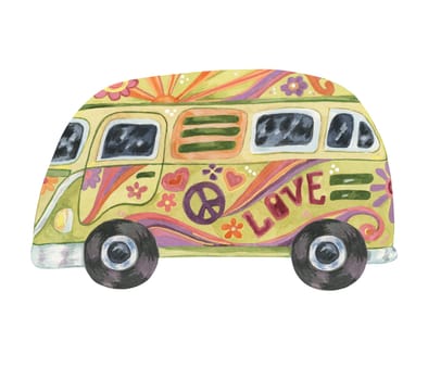 Hippie vintage camper van with flowers. Groovy green retro bus car for summer vacations, beach road trip. Nostalgic watercolor drawing, cartoon style for printing, travel with peace sign, daisies, sun