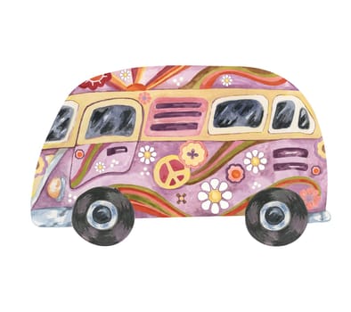 Hippie vintage camper van with flowers. Groovy purple retro bus car for flower power road trip. Trippy watercolor drawing, cartoon style for printing, travel with peace sign, daisies, sun and waves