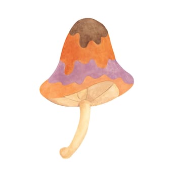 Hippie psychedelic magic mushroom in 70s style. Vintage groovy toadstool nostalgic clipart. Watercolor fairytale fungus funky illustration for printing, trippy stickers, flyers, indie t-shirts, labels