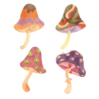 Hippie psychedelic magic mushroom in 70s style. Vintage groovy fungi nostalgic clipart. Watercolor fairytale fly agaric funky illustration for printing, trippy stickers, flyers, indie t-shirts, labels