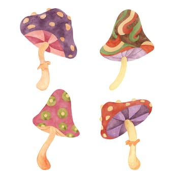 Hippie psychedelic magic mushroom in 70s style. Vintage groovy fungi nostalgic clipart. Watercolor fairytale fly agaric funky illustration for printing, trippy stickers, flyers, indie t-shirts, labels