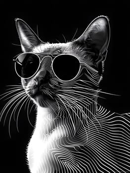 A monochrome photograph of a Felidae, small to mediumsized cat wearing sunglasses. The grey cat has whiskers and a snout, showcasing vision care in carnivores