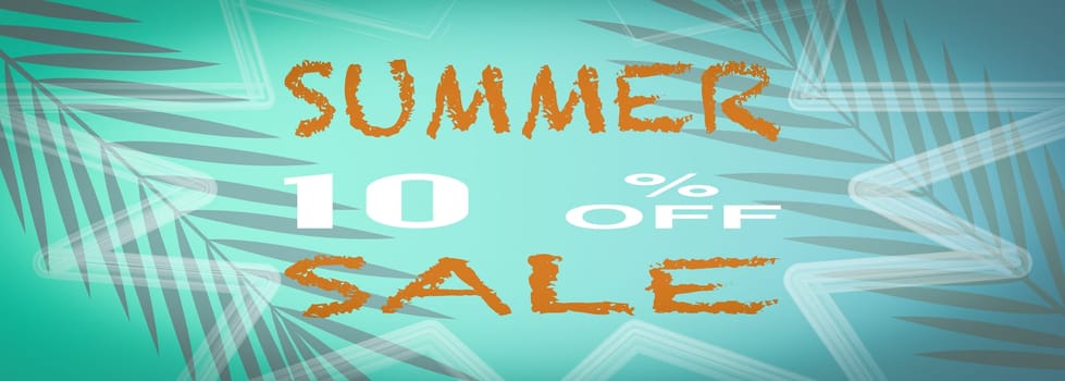 Banner summer sale, With a turquoise background with palm tree leaves.