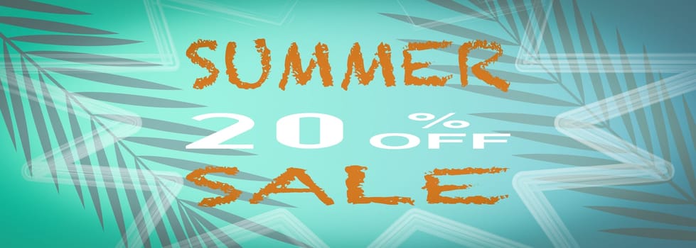 Banner summer sale, With a turquoise background with palm tree leaves.