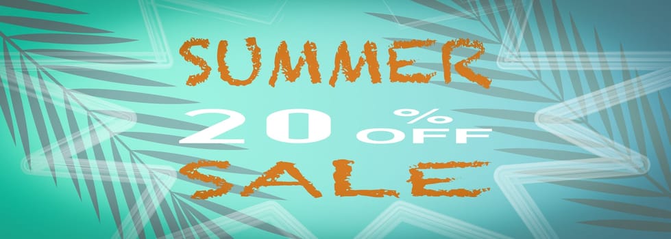 Banner summer sale, With a turquoise background with palm tree leaves.