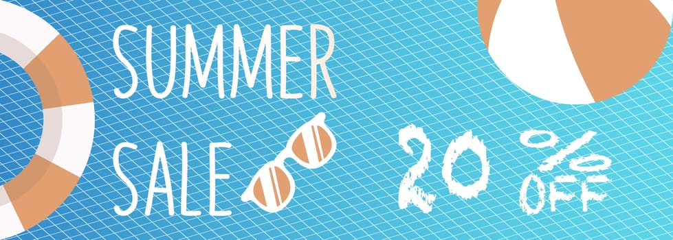 Banner for Summer sale discount. with summer related items in the background.