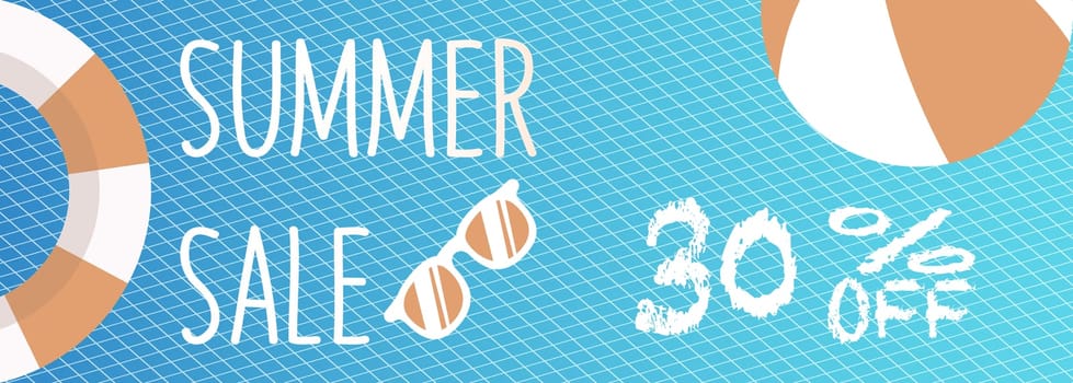 Banner for Summer sale discount. with summer related items in the background.