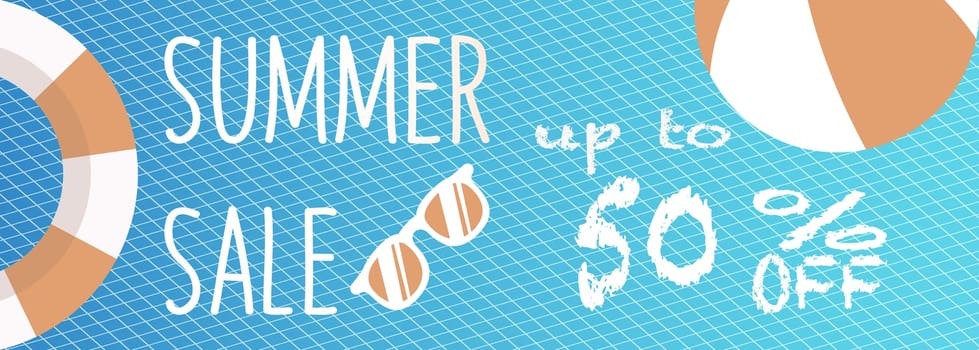 Banner for Summer sale discount. with summer related items in the background.
