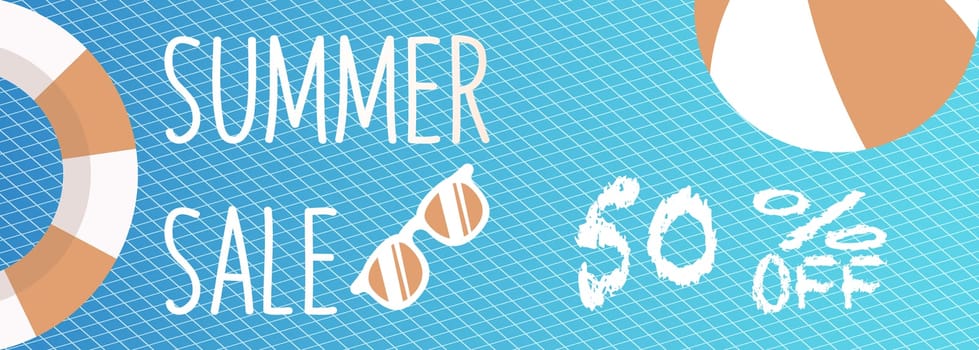 Banner for Summer sale discount. with summer related items in the background.