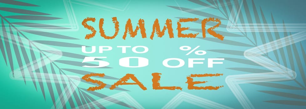 Banner summer sale, With a turquoise background with palm tree leaves.