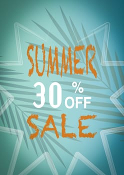 Banner summer sale, With a turquoise background with palm tree leaves.