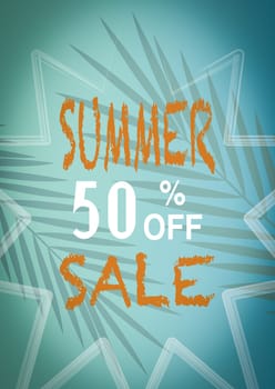 Banner summer sale, With a turquoise background with palm tree leaves.