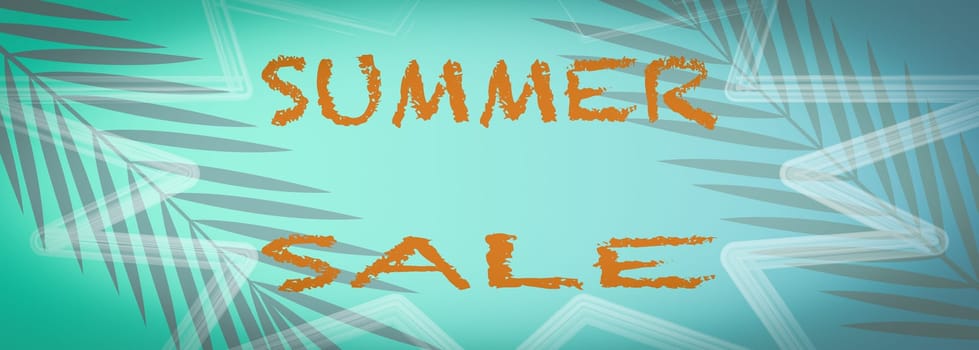 Banner summer sale, With a turquoise background with palm tree leaves.