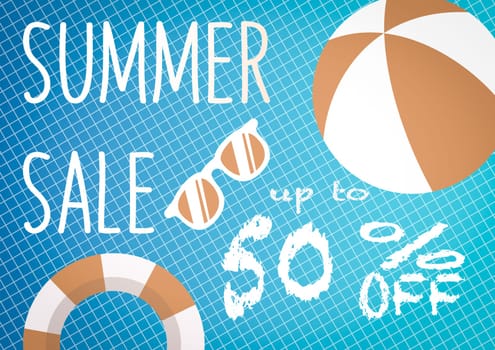 Banner for Summer sale discount. with summer related items in the background.